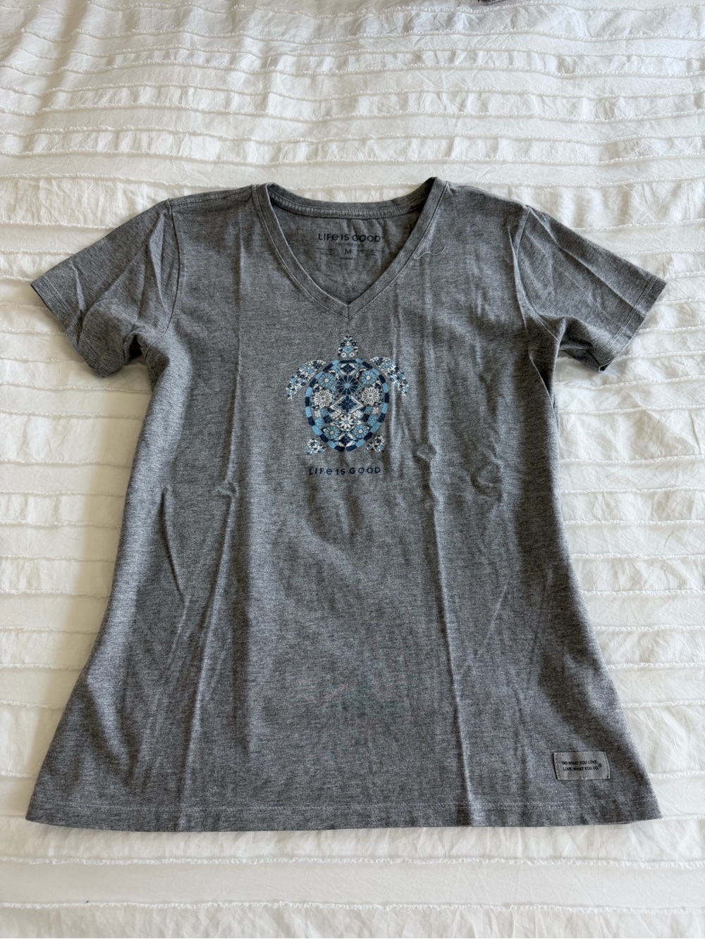 Life Is Good Women's Gray V-Neck Tee with Blue Turtle Motif